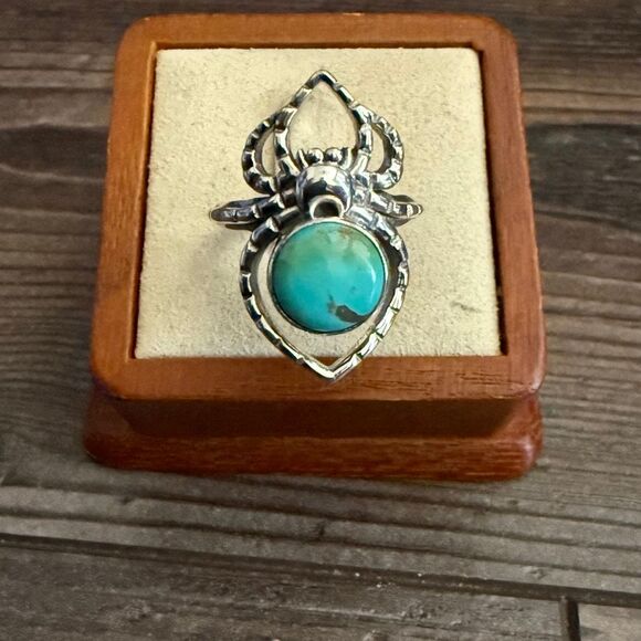 Round Turquoise Spider Boho Ring Sterling Silver Southwestern Sz 8 - Picture 7 of 7
